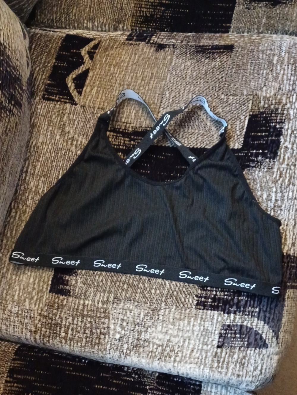 4/$40 Black Ribbed Athletic Bra With "Sweet" Logo Elastic - Size 4XL